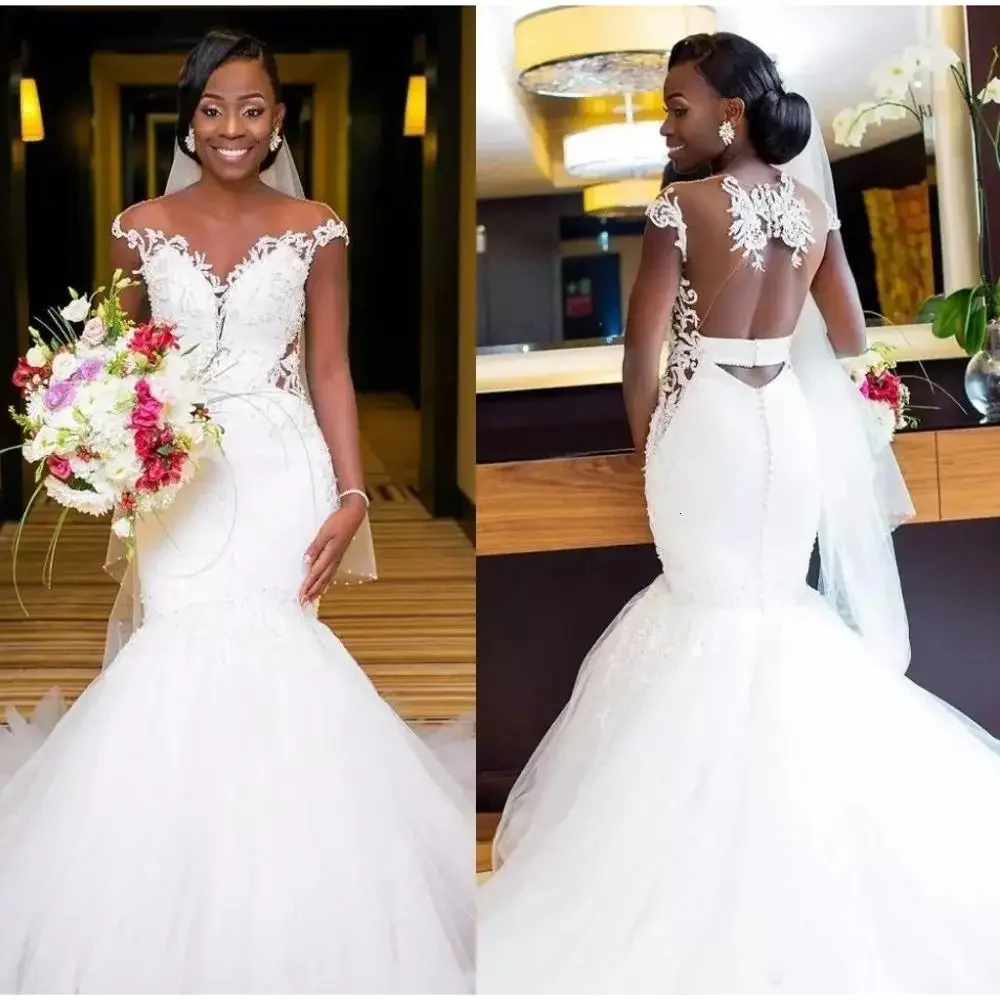 

Customized New Africa Mermaid Gowns Off The Shoulder Sweeping Train Custom Made Modest Plus Size Wedding Dresses