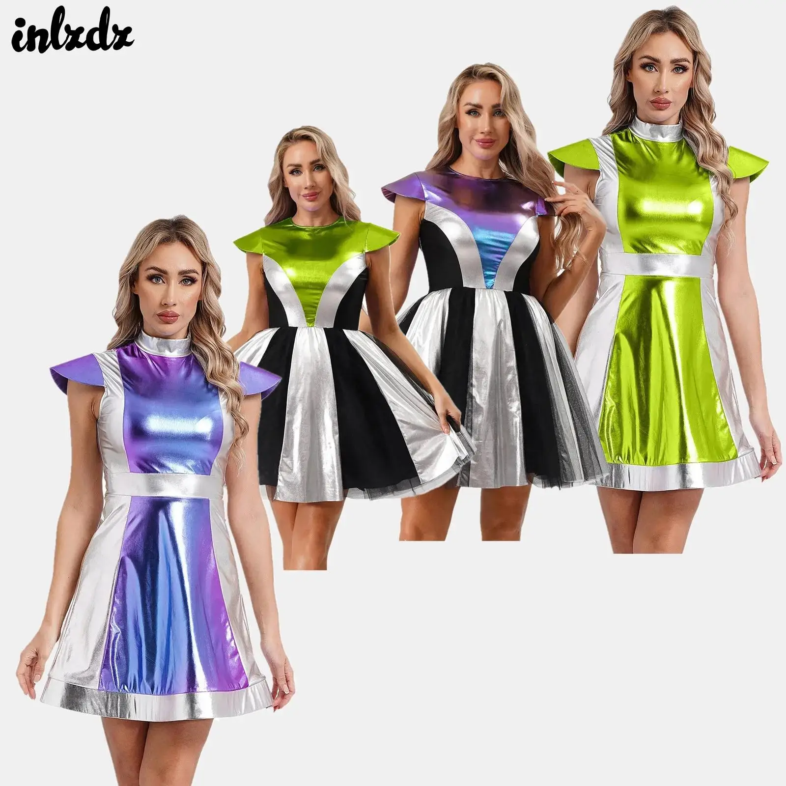 

Womens Outer Space Alien Astronaut Cosplay Costume Shiny Metallic Dress Short Sleeve Back Invisible Zipper Puffy Robot Dress
