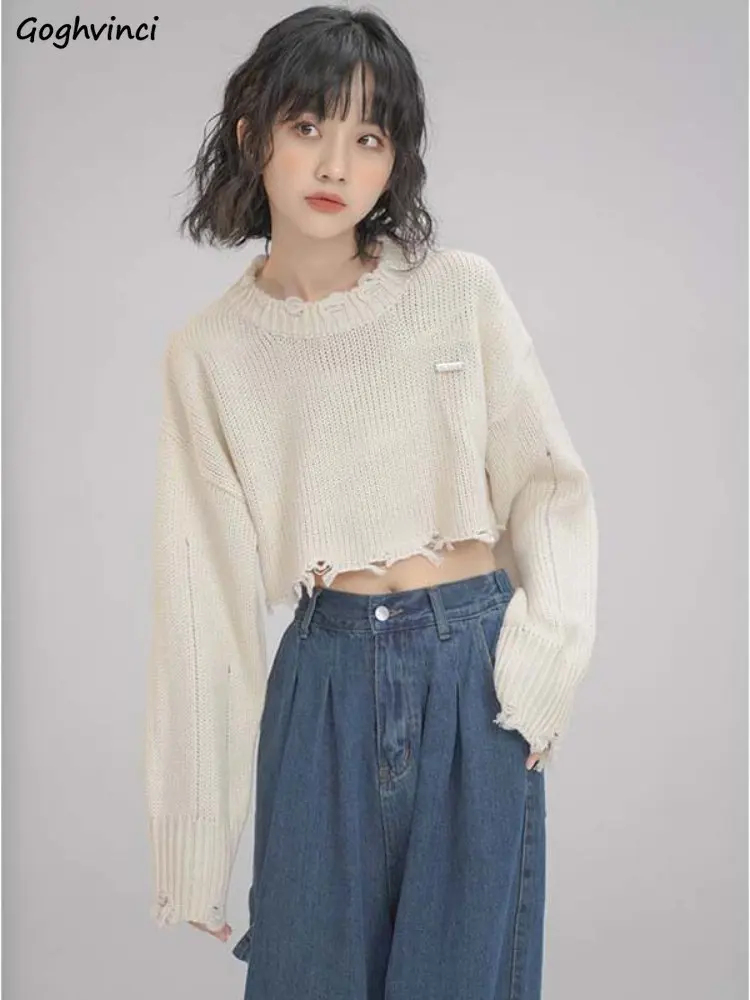 Tassel Cropped Pullovers Women High Street Y2k Clothes Knitted Autumn Clothing Harajuku Casual Sweaters Pull Femme All-match New