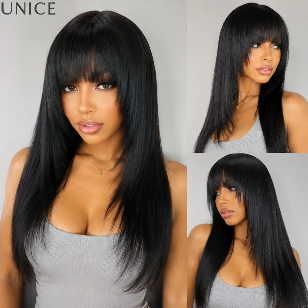 UNICE Hair Layered Cut Yaki Straight Human Hair Wigs With Bangs 100% Human Hair Full Machine Made Glueless Wig 150% Density