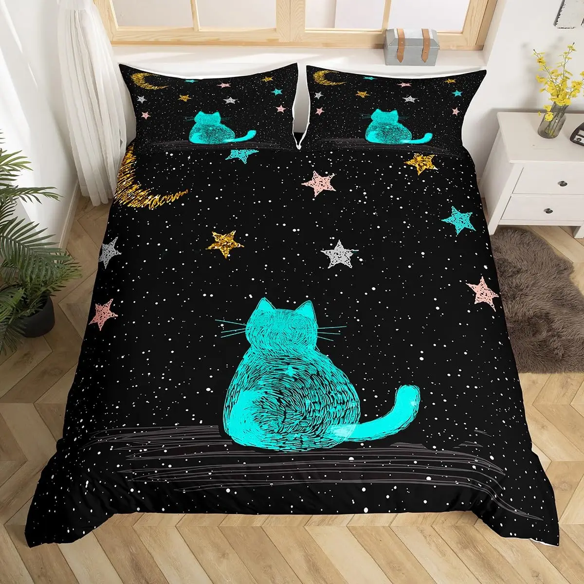 Cartoon Cat Duvet Cover King Queen Galaxy Kitten Bedding Set Kawaii Animal Comforter Cover Starry Sky Quilt Cover 3Pcs Zipper