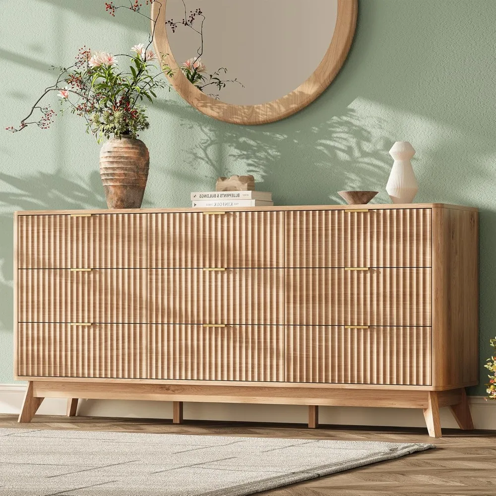 63'' Wide 9 Drawer Fluted Dresser Rounded Corners Natural Wood Bedroom Living Room Hallway, Customized