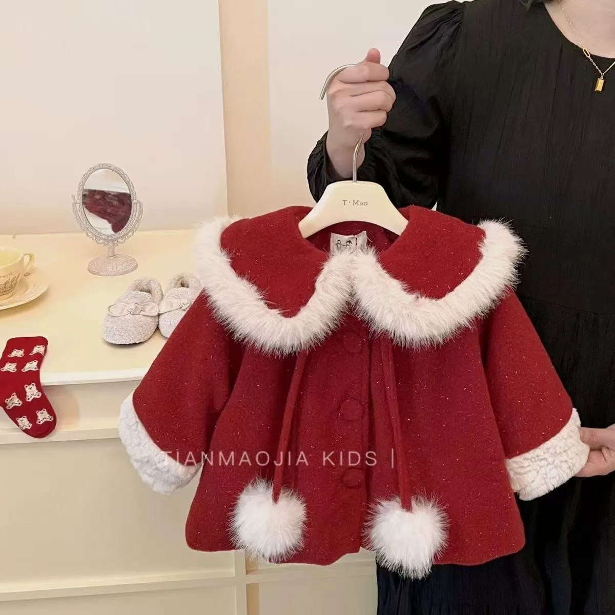 

80-150cm Girls' Woolen Coat Autumn And Winter 2026 New Collection Children's Baby Red Coat Thick New Year Cotton Jacket