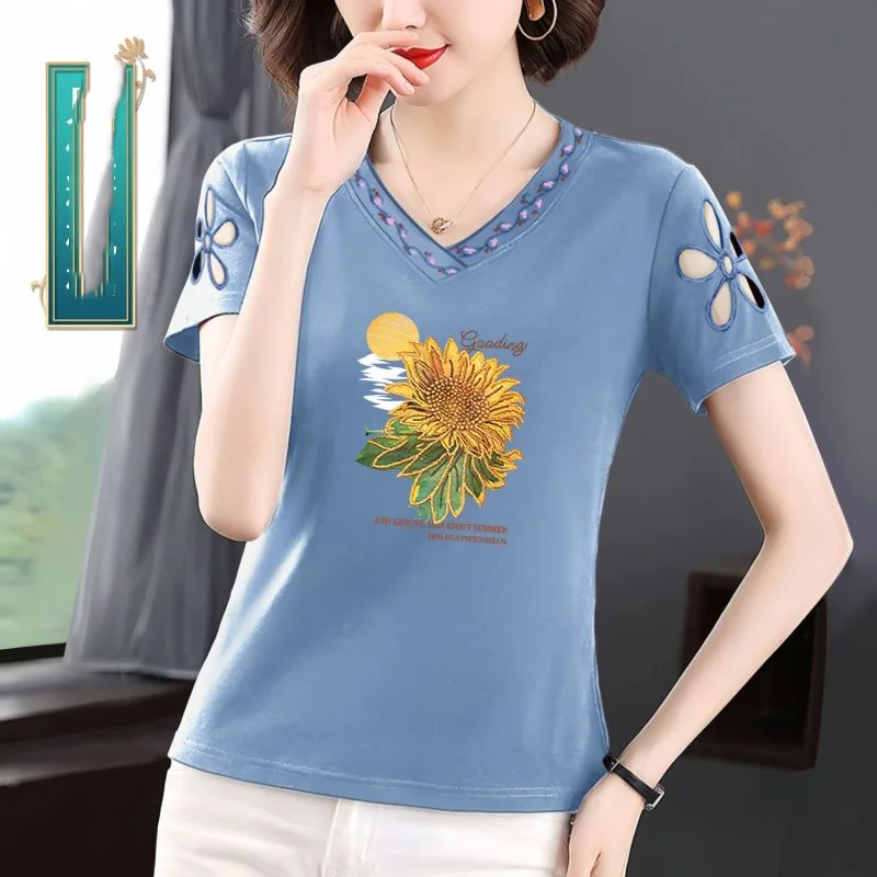 2024 Summer New Women\'s Pullovers V-Neck Hollow Out Printed Casual Short Sleeve Fashion Loose Commuter Pure Cotton T-shirt Tops