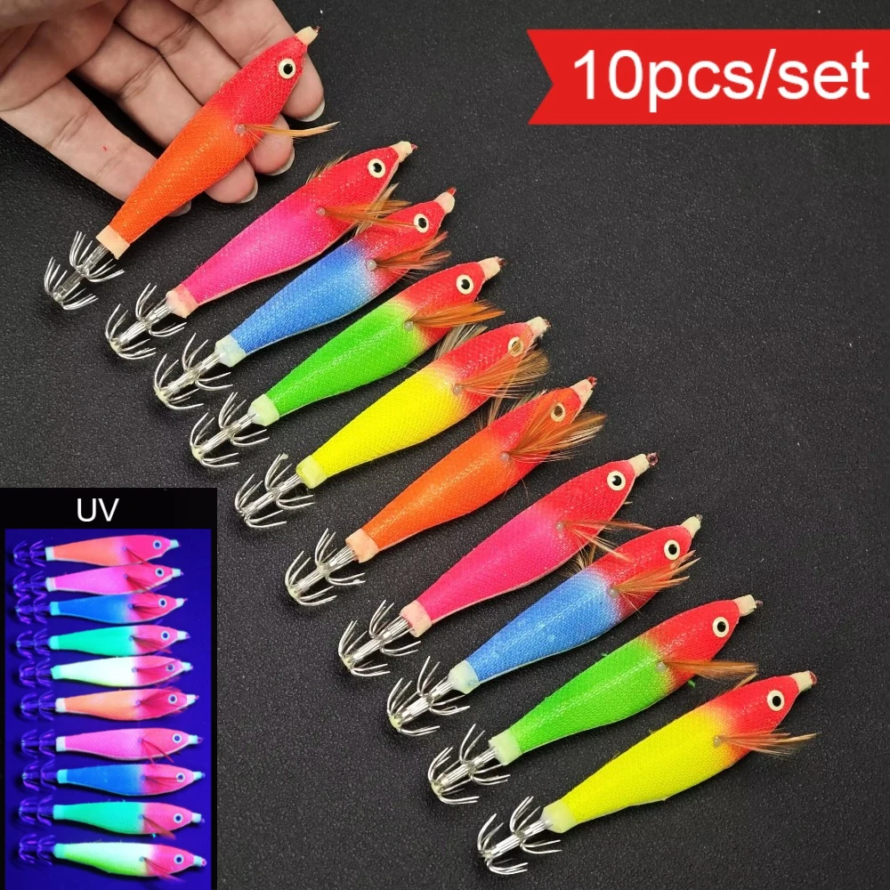 10pcs Hook for Saltwater Night Fishing Tackle Horizontal Squid Jig Egi Set Luminous Cloth Wrapped Wood Shrimp Squid