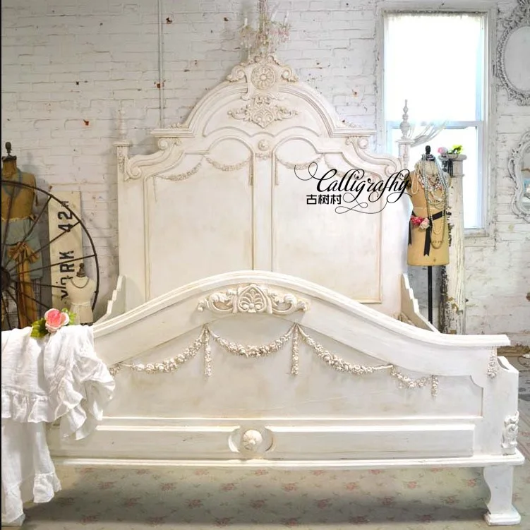 European retro white old bed French retro solid wood double bed