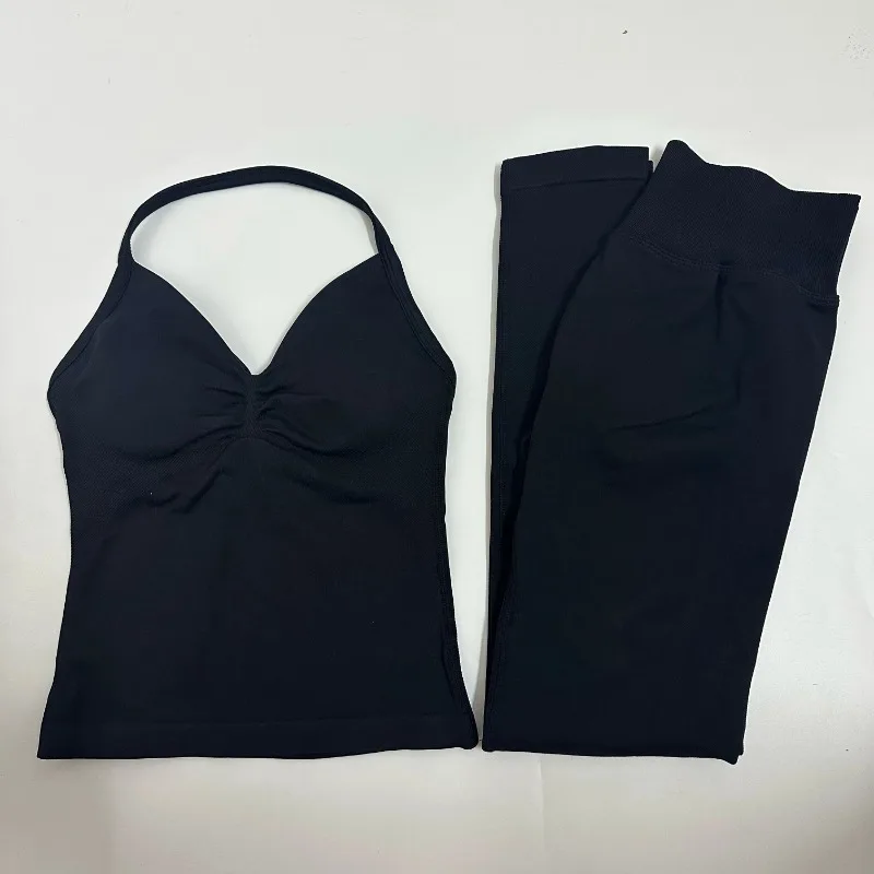 2 قطعة اليوغا مجموعة السيدات الصالة الرياضية التدريب طماق و الرقبة تانك اليوغا اللياقة البدنية سلس مجموعة بيلاتيس الملابس تجريب ملابس رياضية