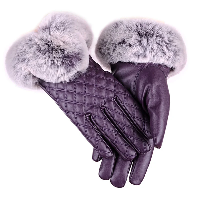 Fashion Women Warm Thick Leather Winter Gloves Elegant Women Ladies Brand Mittens Free Size With Rabbit Fur Female Gloves