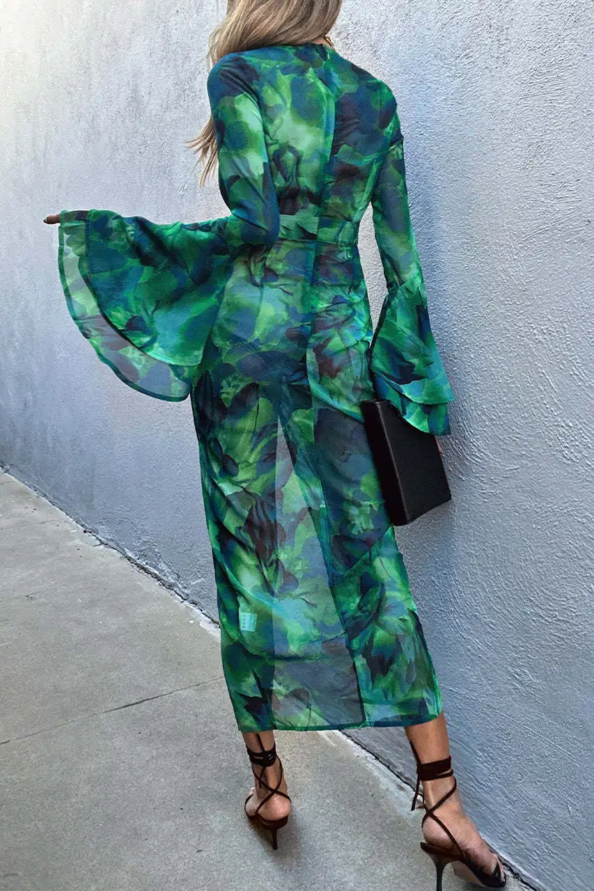 Boho Print Lange Jurken Vrouwen Zomer Sexy V-Hals Doorzichtige Jurk Vrouwelijke Flare Mouw Tie-Dye Ruches Slanke Strandvakantie Jurk