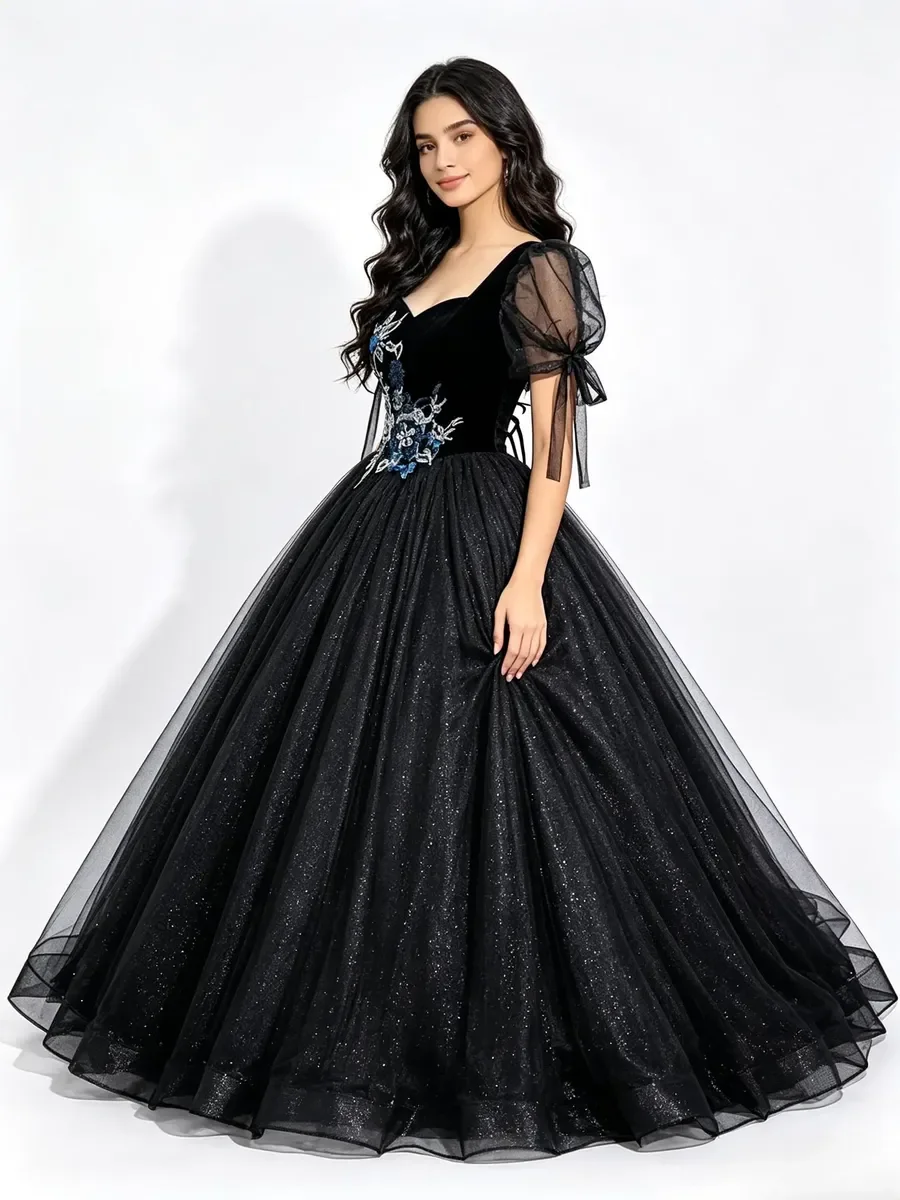 Puff Sleeve Bow Sweetheart Velvet Blue Floral Glitter Tulle Ball Gown Quinceanera Debutante Prom Wedding Banquet Formal Dress