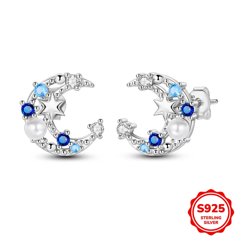 

100 %925 Sterling Silver Earrings Women Blue Star And Moon Ears Hoop Earring For Anniversary Wedding Jewelry Gift