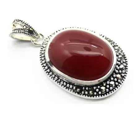 Natural oval 30*20mm Red JADE 925 Sterling Silver Marcasite Pendant + free chain