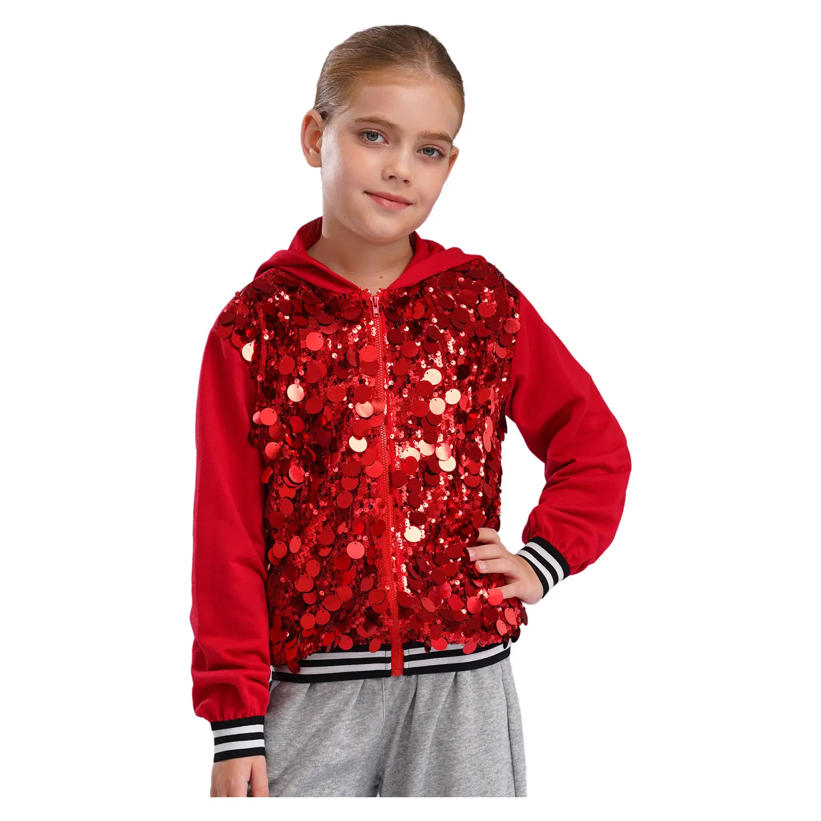 Kids Girls Fashion Hooded Jackets Sequins Zipper Hoodie Tops Disco Jacket Rave Jazz Dance Hip Hop Music Festival Party Costume