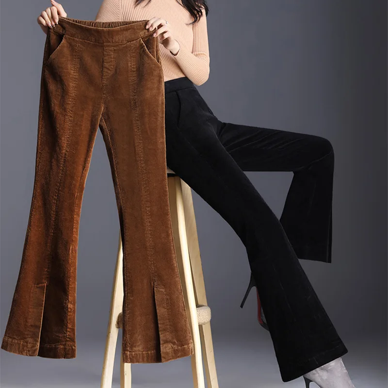 

Corduroy Pants Women High Waist Autumn Winter Flare Pants Woman Leg Opening Splited Lady Trousers Bell Bottom Elastic Waist