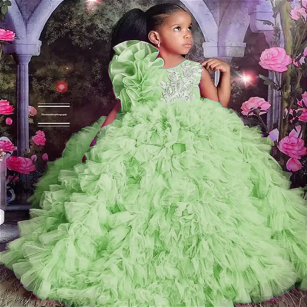 Customized Luxury Flower Girl Dresses for Wedding Ruffles Sequins Floor Length Tiered Girl Birthday Party First Communion Gowns