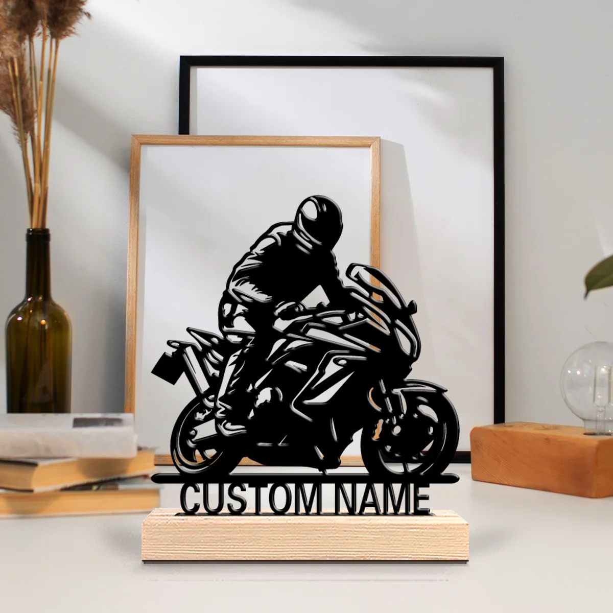 1pc Retro Personalized Custom motorcycle Metal Statues Wooden Base Lighting for Office Workshop Modern Rustic Steampunk Themes