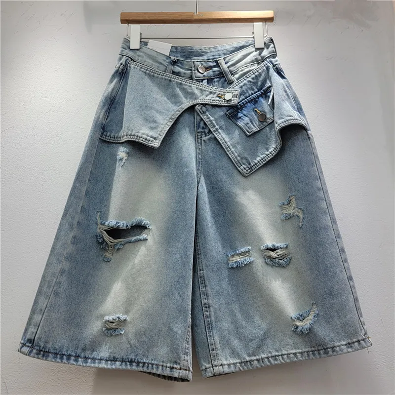 

2026 Summer New Distressed Denim Cropped Pants - Women's Vintage-inspired, Unique Two-piece Look, Cropped Length Jeans