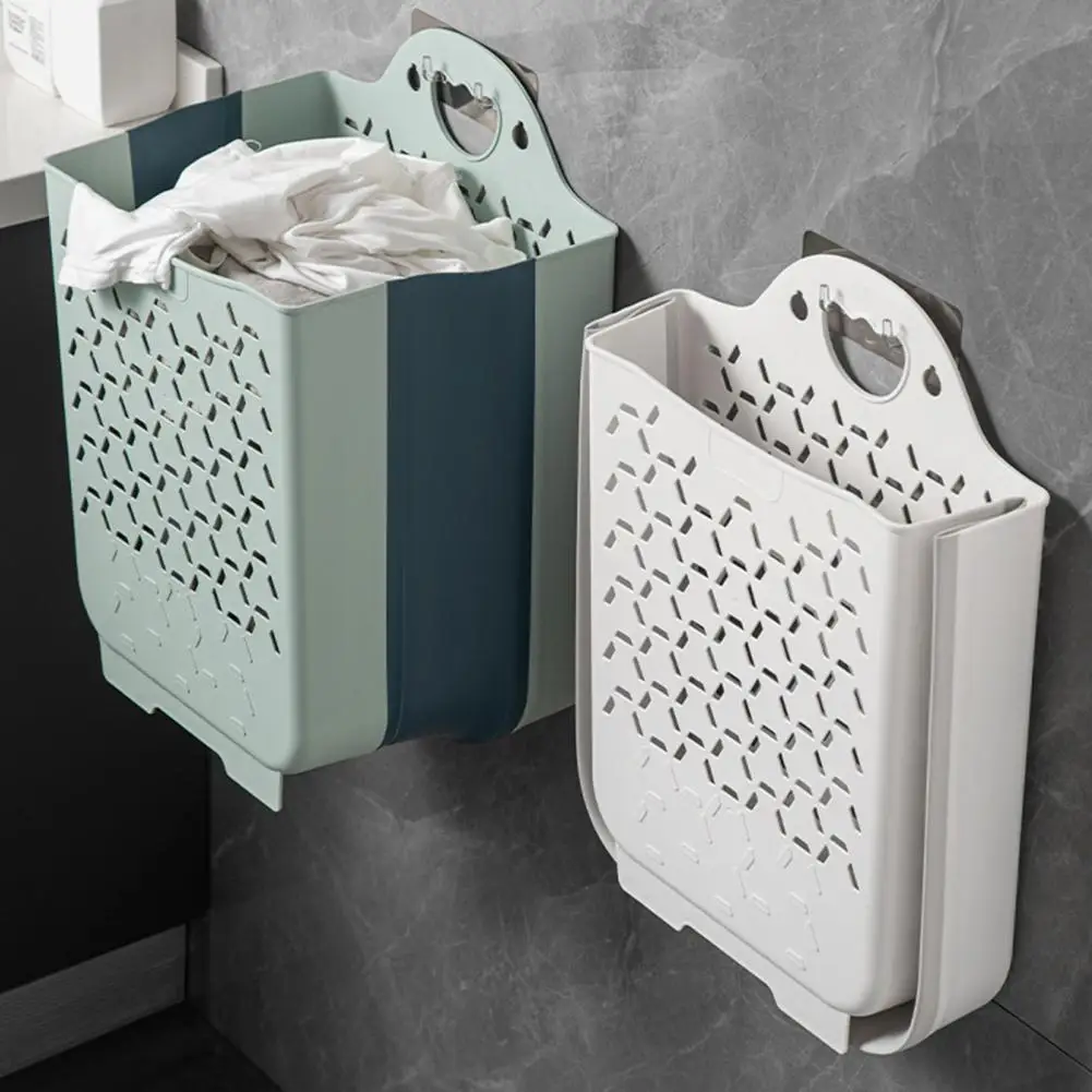 

Laundry Basket with Hanging Ring Hollow Out Plastic Container Wall Mounted Folding Clothes Washing Bin Laundry Organizer 빨래바구니