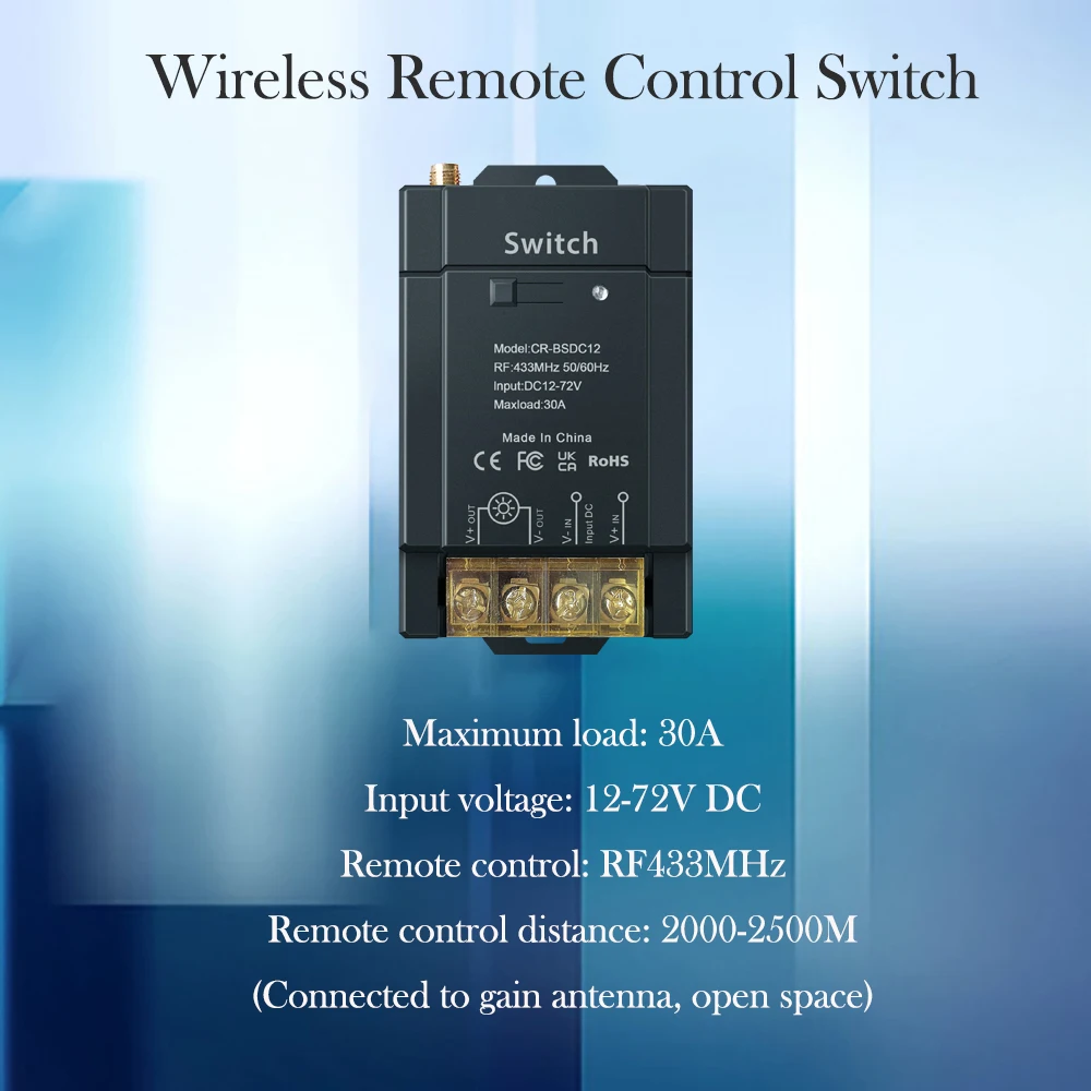 COLOROCK RF433 Wireless Switch DC 12-72V 30A Gain Distance 2000-2500M Used for High-power Lighting Processing and Irrigation