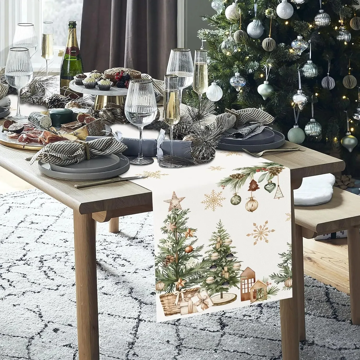 Watercolor Christmas Tree Table Runner Golden Snowflake Pine Cone Gift House Print Neutral Winter Style Holiday Dining Table Dec