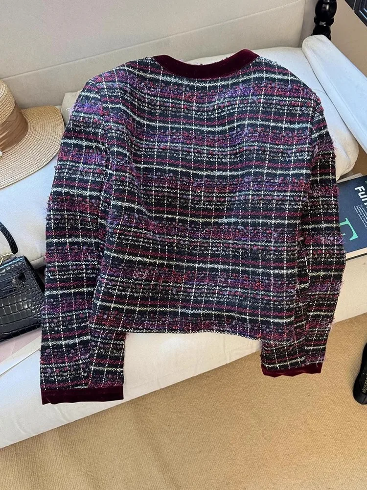 Chaqueta Vintage de Tweed acolchada gruesa y cálida para mujer, abrigo a cuadros con un solo pecho y cuello redondo, chaqueta elegante de sarga empalmada para invierno, Parkas