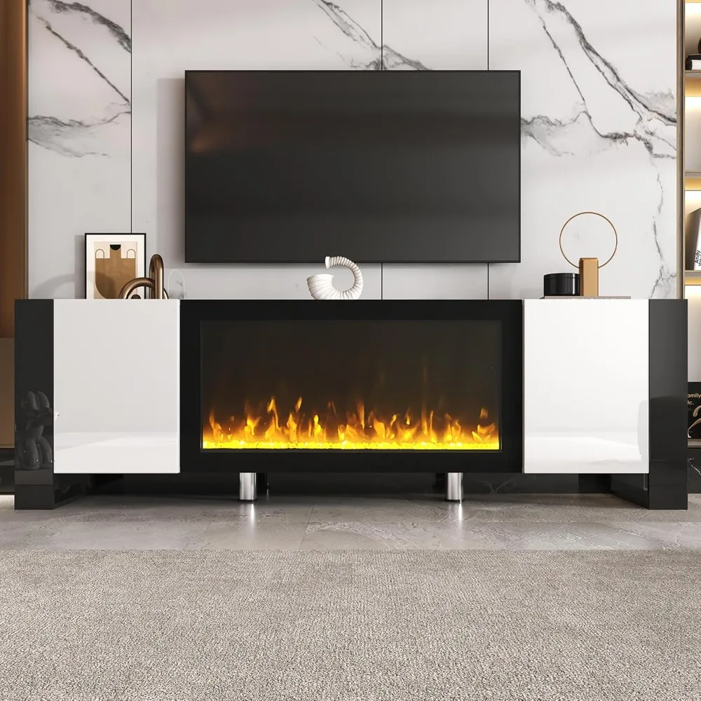 68.1 Inch Modern White Fireplace TV Stand with 34.2 Inch Electric Fireplace, High Gloss Finish, 2 Cabinets for Storage