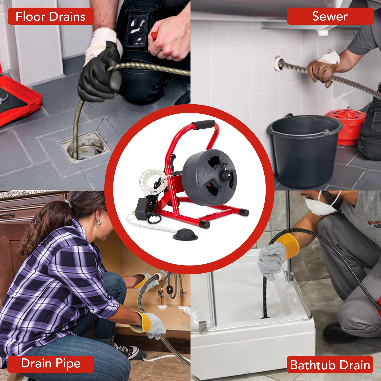 Professional-Grade Drain Cleaner with 50Ft x 5/16 Inch Cable, 6 Cutters, Foot Switch, Gloves - & Convenient Electric Drain Auger