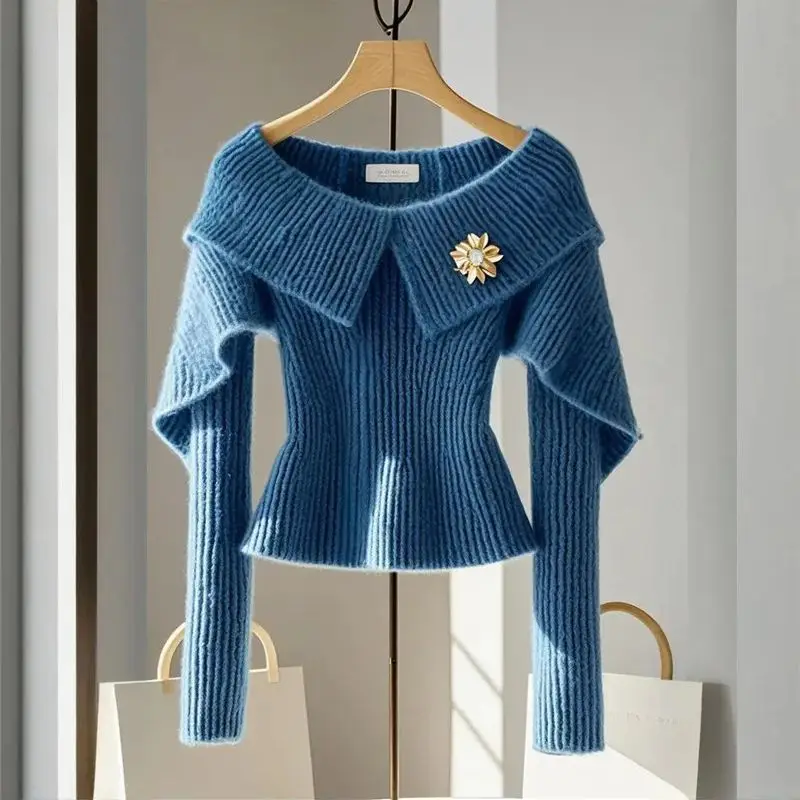 Luxury Patchwork Cashmere Knit Sweater Women Autumn Winter Chic Off Shoulder Wool Pullover High End Blue Soft Knitwear Slim L092