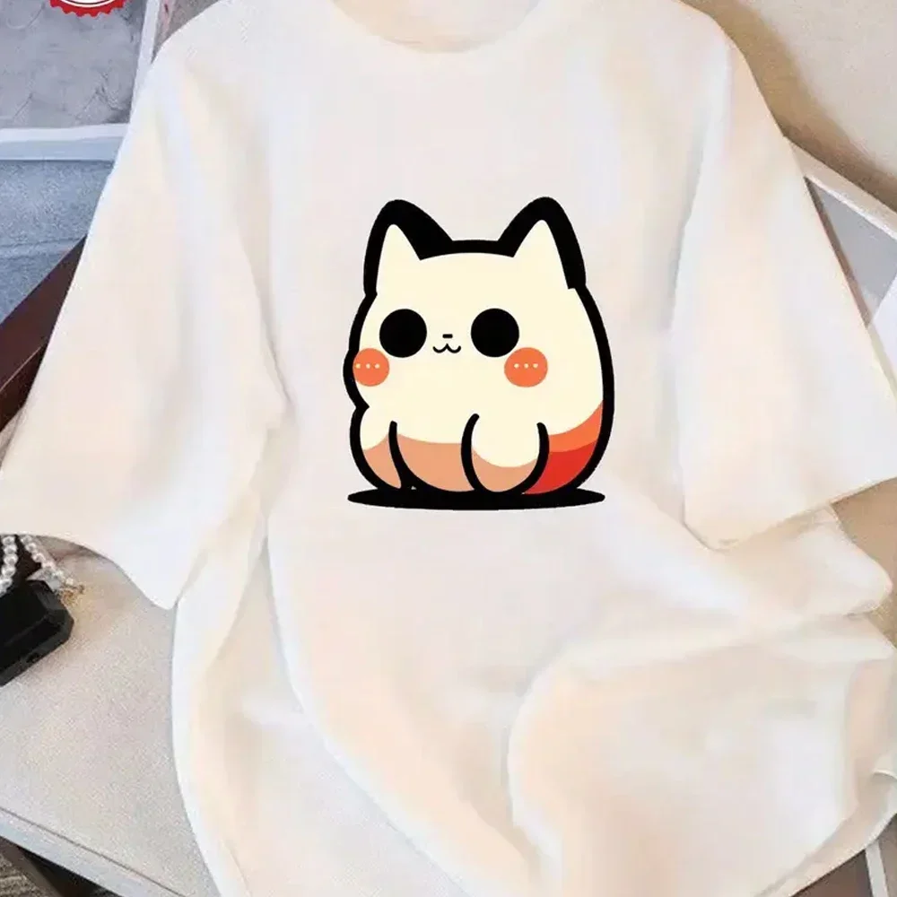 Camiseta extragrande para mujer con gráfico de gato de dibujos animados lindo de verano con cuello redondo suave ropa cómoda