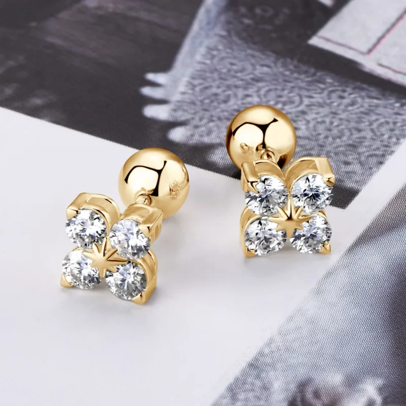 2025 Trendy Four Clover Moissanite Stud Earrings 925 Sterling Silver Flower Piercing Ear Jewelry for Women 3mm Lab Diamond Gifts