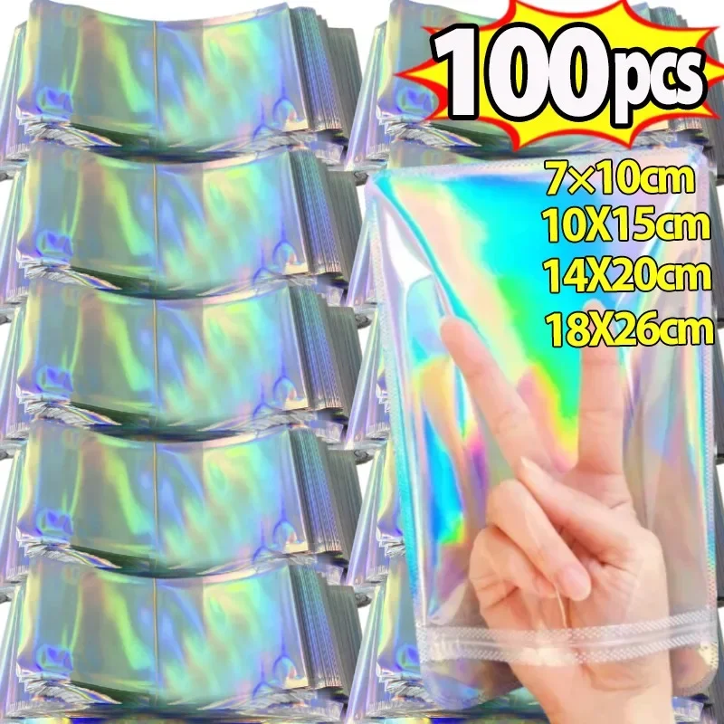 Resealable Laser Self Lock Bags Small Business Packaging Holographic Envelopes Flat Clear Plastic Candy Jewelry Food Storage Bag