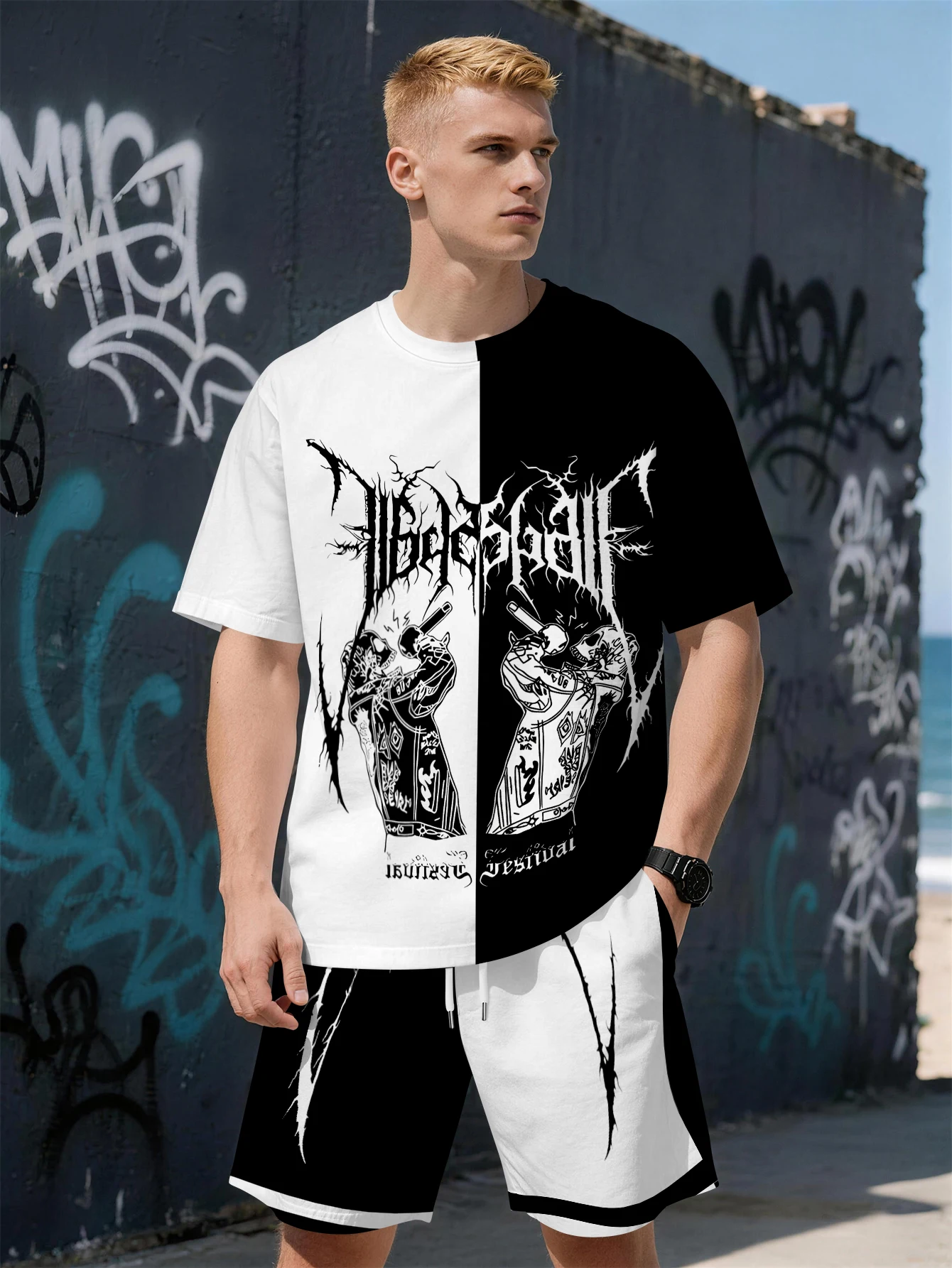 

2026 Summer New Men's Short-Sleeved Set with 3D Trendy Letter Pattern Printing Fashionable Street Style Comfortable and Soft