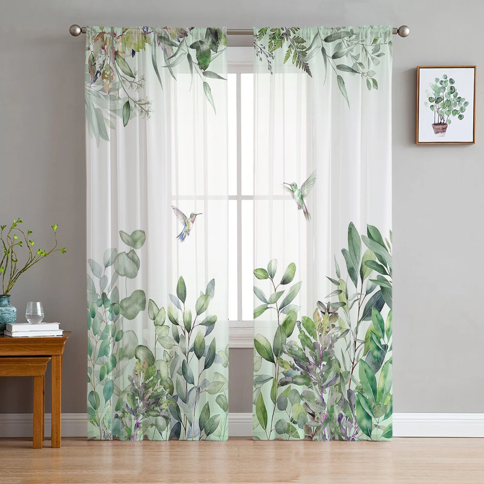 Watercolor Plant Leaves Hummingbird Green Tulle Curtains For Living Room Bedroom Children Room Decor Sheer Curtains