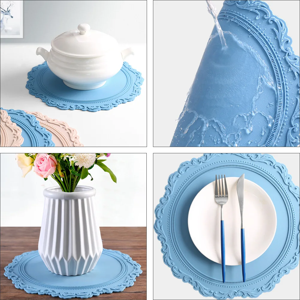 

Round Heat Resistant Silicone for Dining Table Blue Pot Resistant European Style Embossed Design Soup