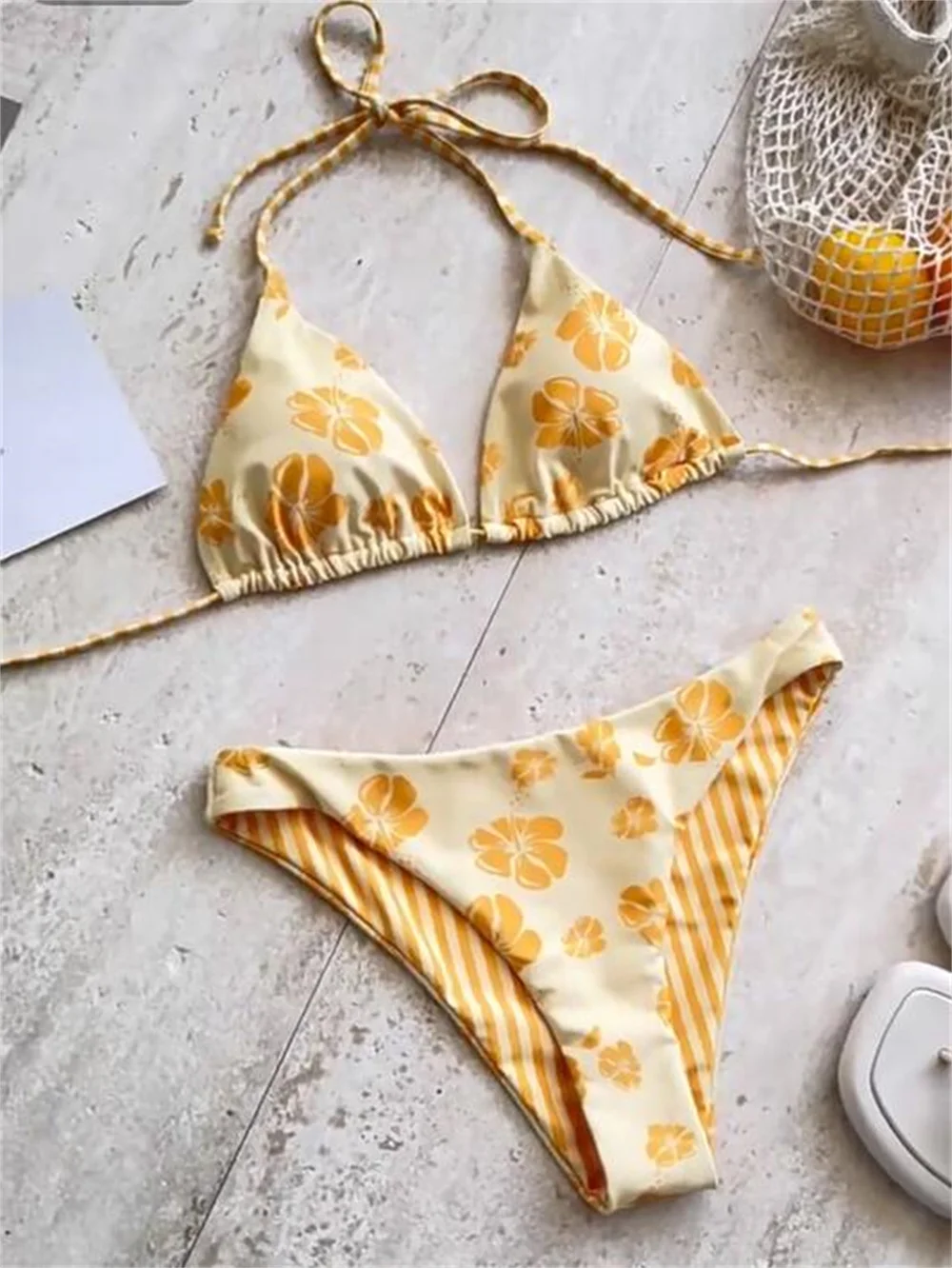 Kawaii Yellow Floral Bikini Striped Patchwork Swimsuit Women 2 Piece Backless Halter String Print Swimwear Vacation Beach Outfit