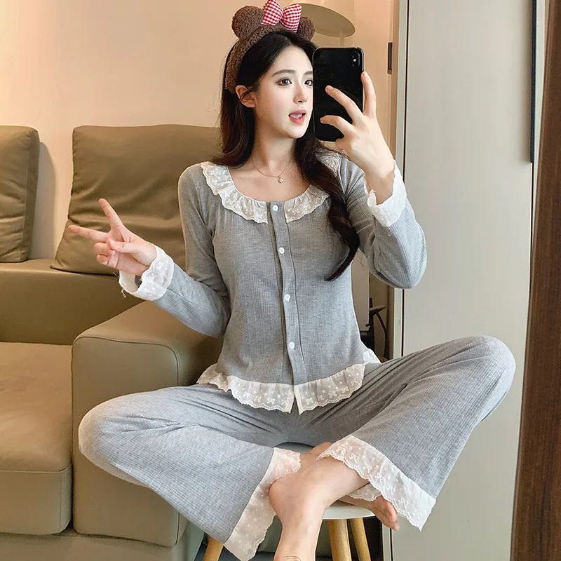 

Pijama Feminino, новый тонкий топ с нагрудником и длинными рукавами, брючный костюм, весенне-осенняя хлопковая одежда для сна, женский корейский пижамный комплект, женский комплект