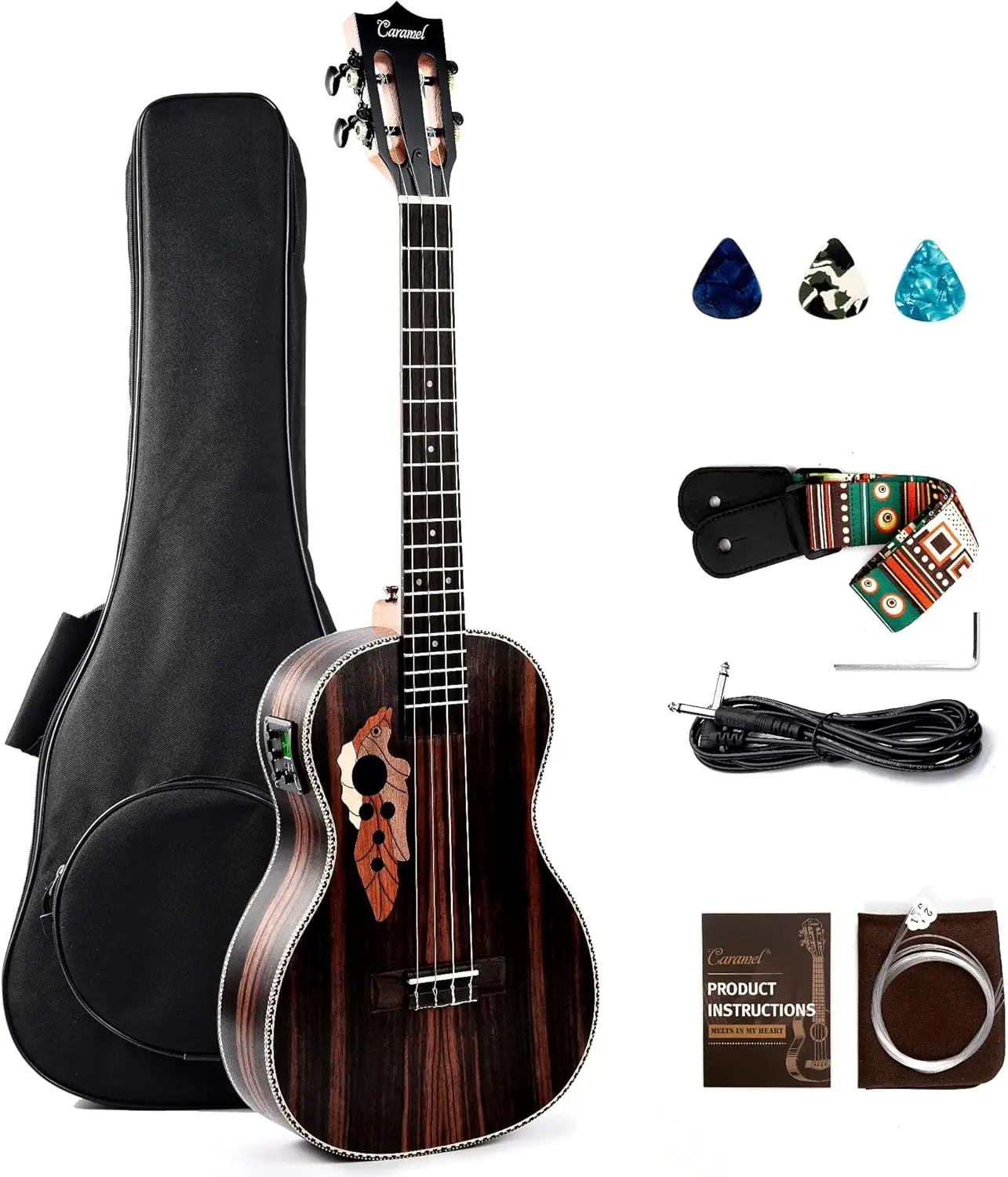 Ebony Wood Baritone Ukulele 30inch Wood LCD Color Display Electric Ukelele Kit Hawaiian Beginner Guitar Starter Pack Bun