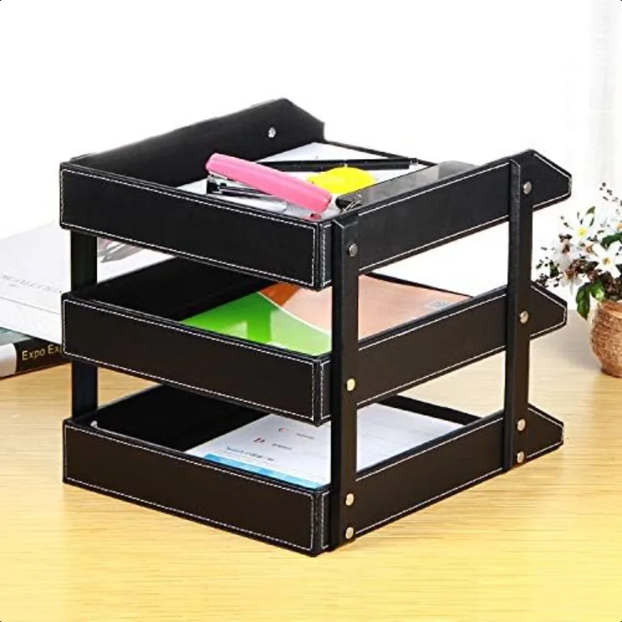 Лотки для писем, кожаный настольный органайзер для файлов, 3-уровневые листы, держатель для бумаги для документов, лоток для офисных настольных аксессуаров, сортировщик для хранения для складывания
