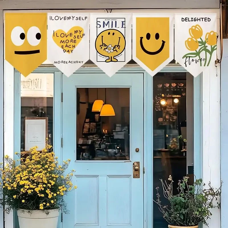 VIKAMA Cartoon Floral Pennant Curtain Happy Smiley Face Daisy Pattern Fabric Triangle Short Curtain for Cafe Window Decoration