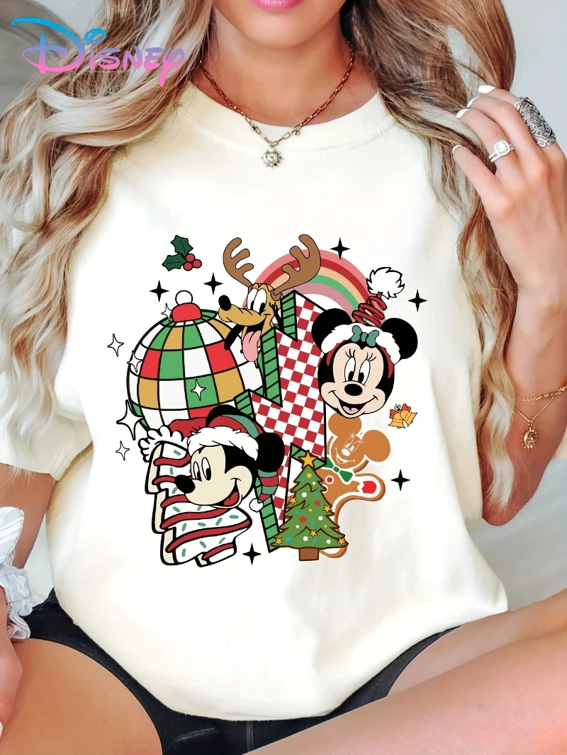 Camiseta de Natal Disney Mickey e Minnie Mouse para mulheres, com Papai Noel e flocos de neve, top casual de manga curta