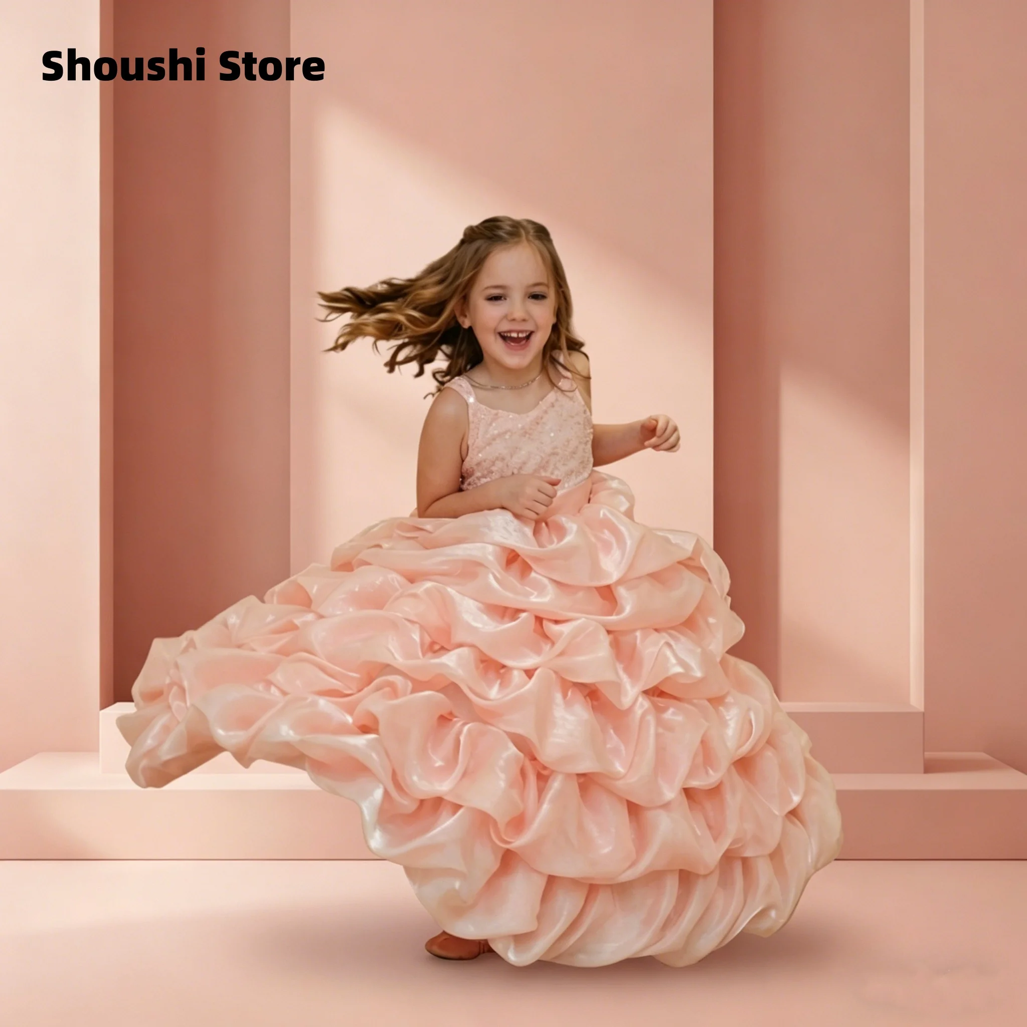 Pink Sequin Multi-layer Pleated Dress Flower Girl Dress Customized Ball Drss Children's Birthday Party First Communion Dress