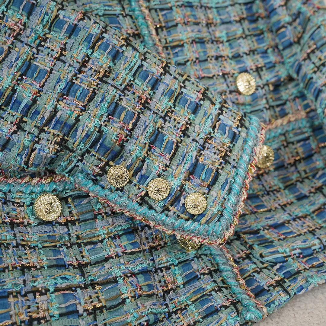 سترة تويد منقوشة فاخرة للنساء، رقبة دائرية عتيقة، جودة عالية، خريف وشتاء، طراز كوري، 2025