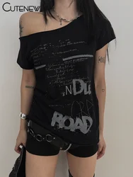 Cutenew-camisetas con estampado de letras irregulares para mujer, ropa clásica de manga corta, básica, Top a juego de calle salvaje