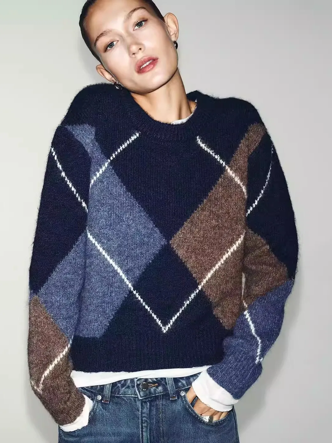 

Casual Long Sve round Ne Knitted Sweater with Layering Diamond Pattern Women's Spring 2026 Faion New Arrival 5755052