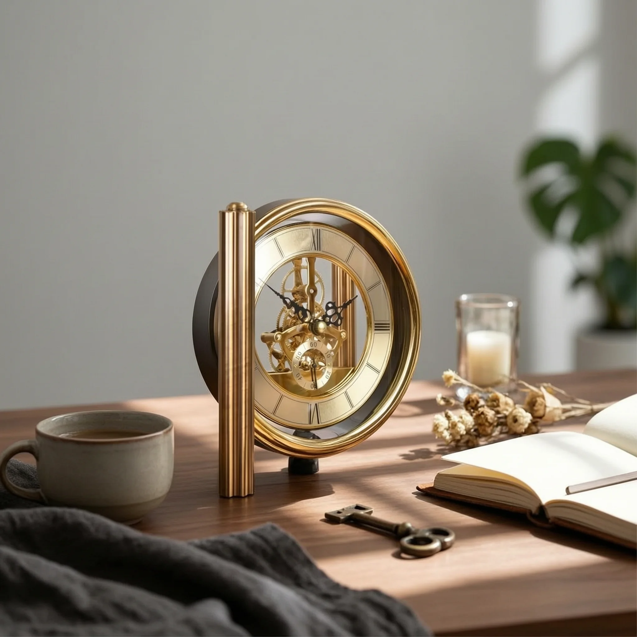 Quartz Table Clock Crackle-Texture Clock with Roman Numerals Metallized Stylish for Homeowners, Mantel, Living Room