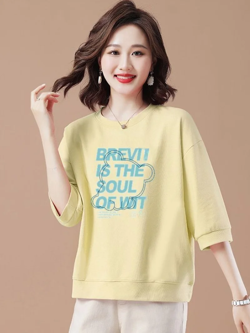 

Cotton round Ne Sweatirt Women's Summer Thin ort Sve T-irt Spring Autumn Casual Comfortable Faionable Streetwear