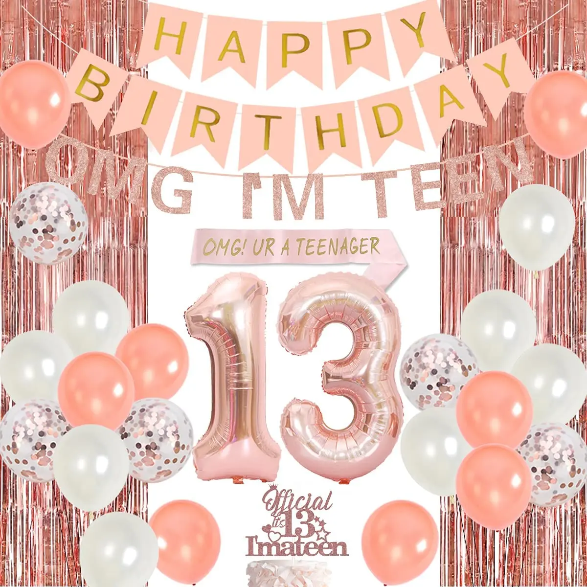 

JOYMEMO 13th Birthday Decorations Rose Gold Balloon OMG UR A Teenager Sash Curtains Banner for Girls 13 Years Old Birthday Party