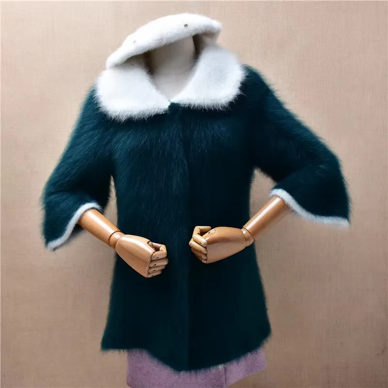 

Women Mujer Fall Winter Clothing Green Hairy Plush Mink Cashmere Knitted Turn-Down Neck Slim Cardigans Sweater Jacket Pull Tops