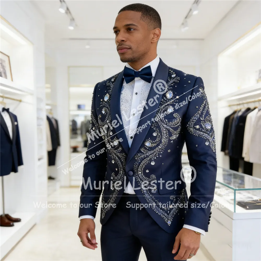 

Изысканный мужской костюм с бисером и стразами для свадьбы, индивидуальный пошив, однобортный пиджак и брюки, комплект из 2 предметов, роскошный смокинг для жениха