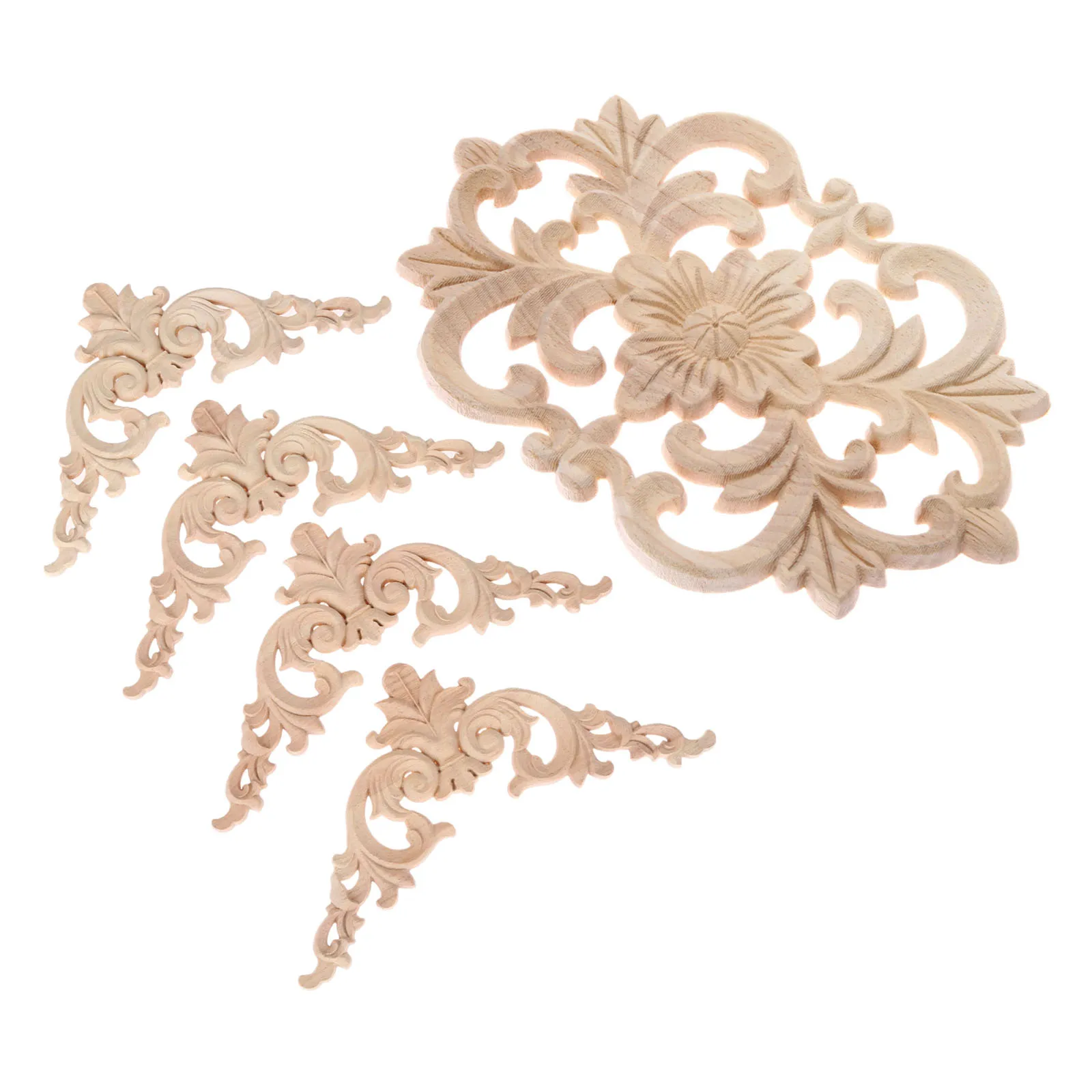 5pcs Wooden Corner Appliques Hollow Flower Branch Unfinished Wood Onlays Decor Furniture Door Cabinet Windows Bed 17*10cm 8*8cm